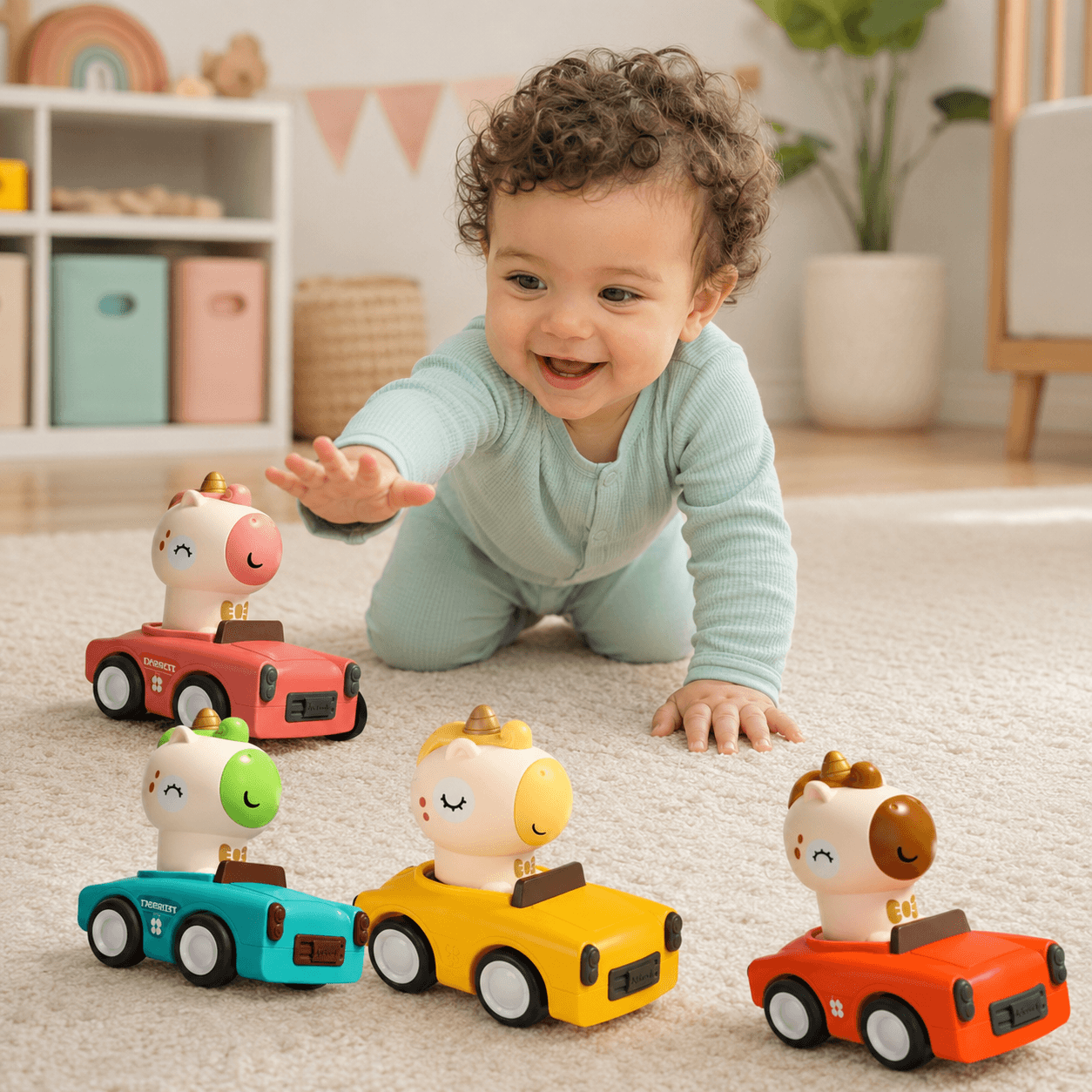 مجموعة سيارات الألعاب التفاعلية "اضغط وانطلق" للأطفال من "تويز لاند" (TOYS LAND) - 4 سيارات سباق كرتونية على شكل حيوانات لطيفة تعمل بالضغط والاحتكاك (ألوان متعددة).