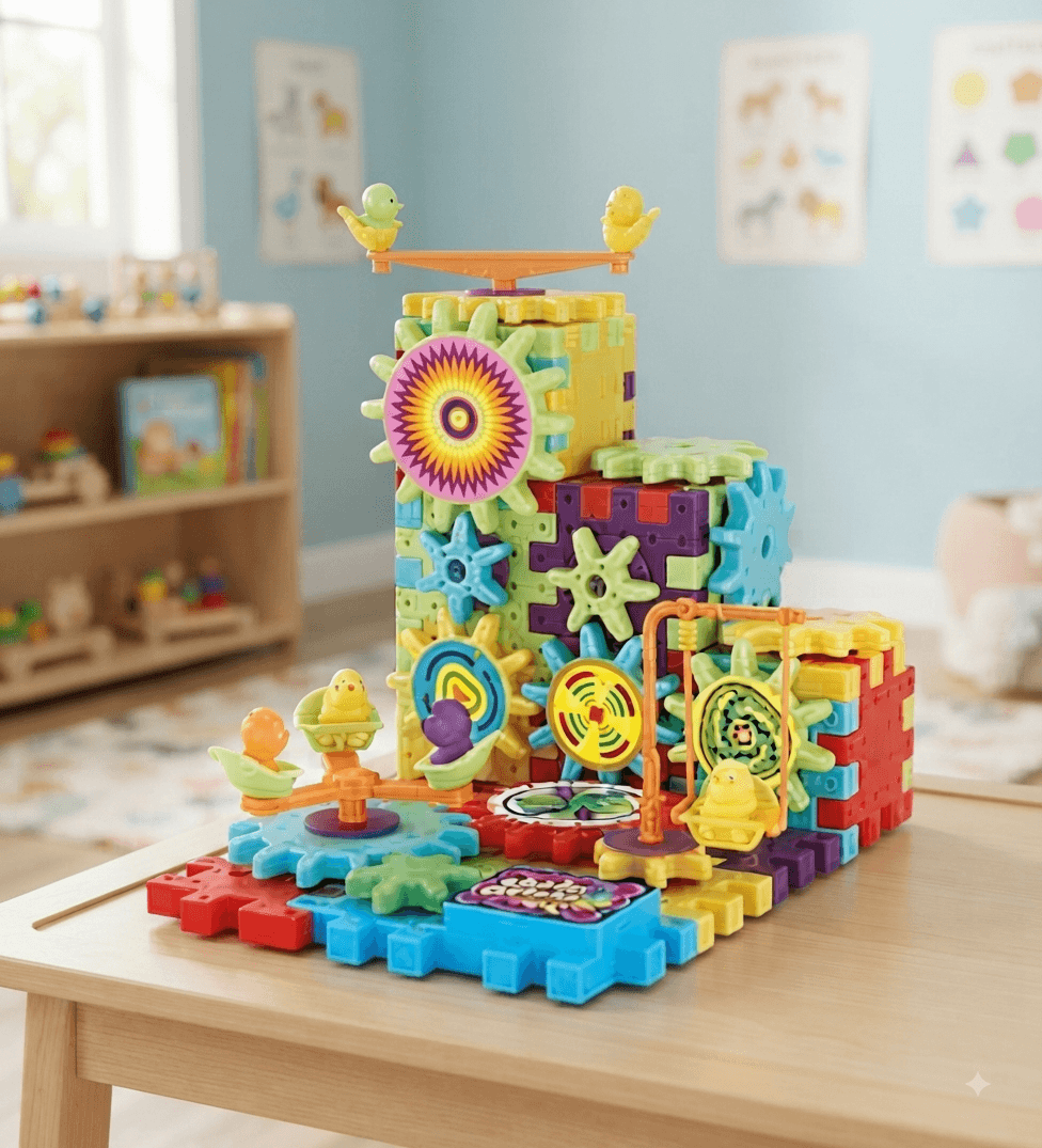 لعبة مكعبات التروس المتحركة التعليمية (STEM) من كيدز زون (KIDSZONE) - مجموعة بناء وتركيب ميكانيكية تفاعلية بمحرك للأطفال والرضع.